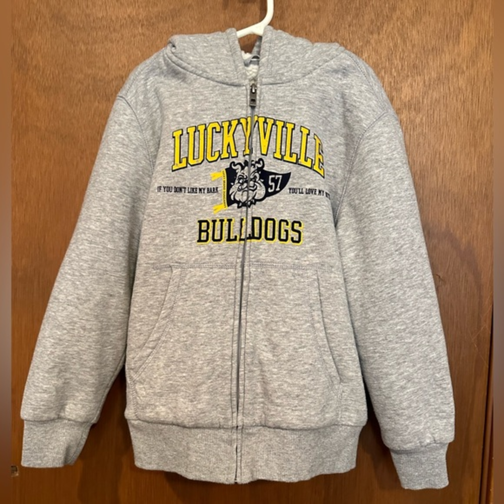 Lucky Brand‎ Hoodie Boys 7/8 Gray Sherpa Lined Luckyville Bulldogs Full Zip